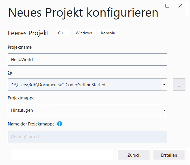 Dialog: Projekt hinzufügen